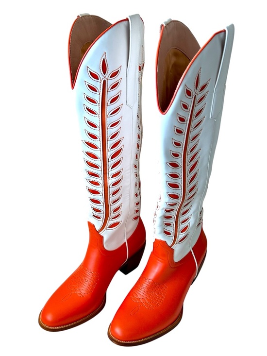 Shoes - Cowboy Boot Tall Orange White Leaves Inlay Stitching Wide Calf Heel 1.5" Size 8
